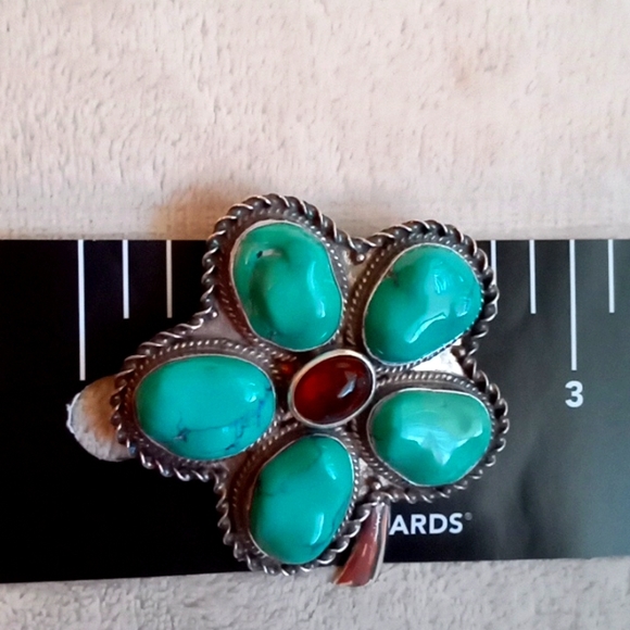 STERLING SILVER, TURQUOISE AND AMBER PIN/PENDENT - Picture 9 of 10